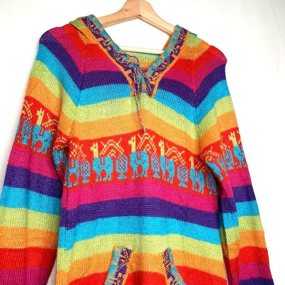 Cardigan Sweater Womens Multicolor Llama Rainbow Long Sleeve Hooded Boho S - Picture 3 of 11